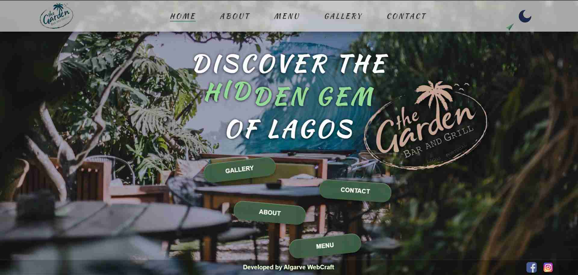 A screenshot of a website for 'The Garden bar and grill', created by Algarve Webcraft