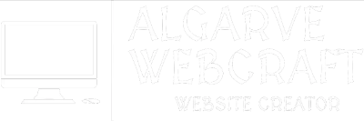 Algarve Webcraft's logo. Landscape scenary of beach-side cliffs on the left, with the business name on the right (Algarve Webcraft) and its slogan below it (Small business website creator.)